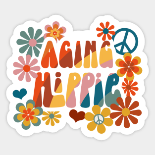 "Aging Hippie" in 70s font with flower power and peace signs - groovy! Sticker